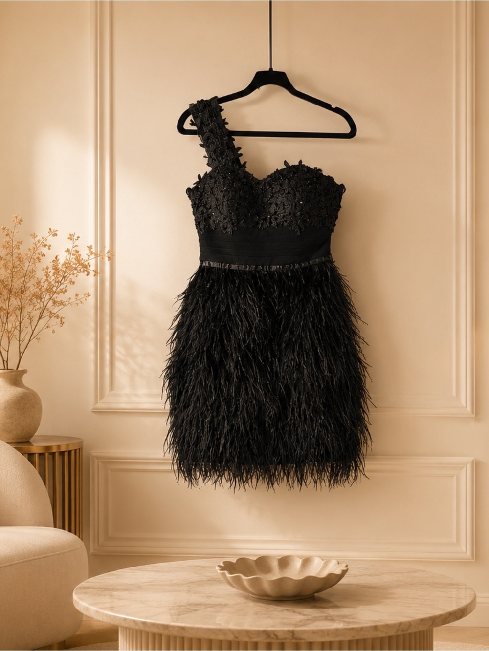 JJ House Black Feather One Shoulder Cocktail Dress Beaded Sequin Sz 6 Black Tie